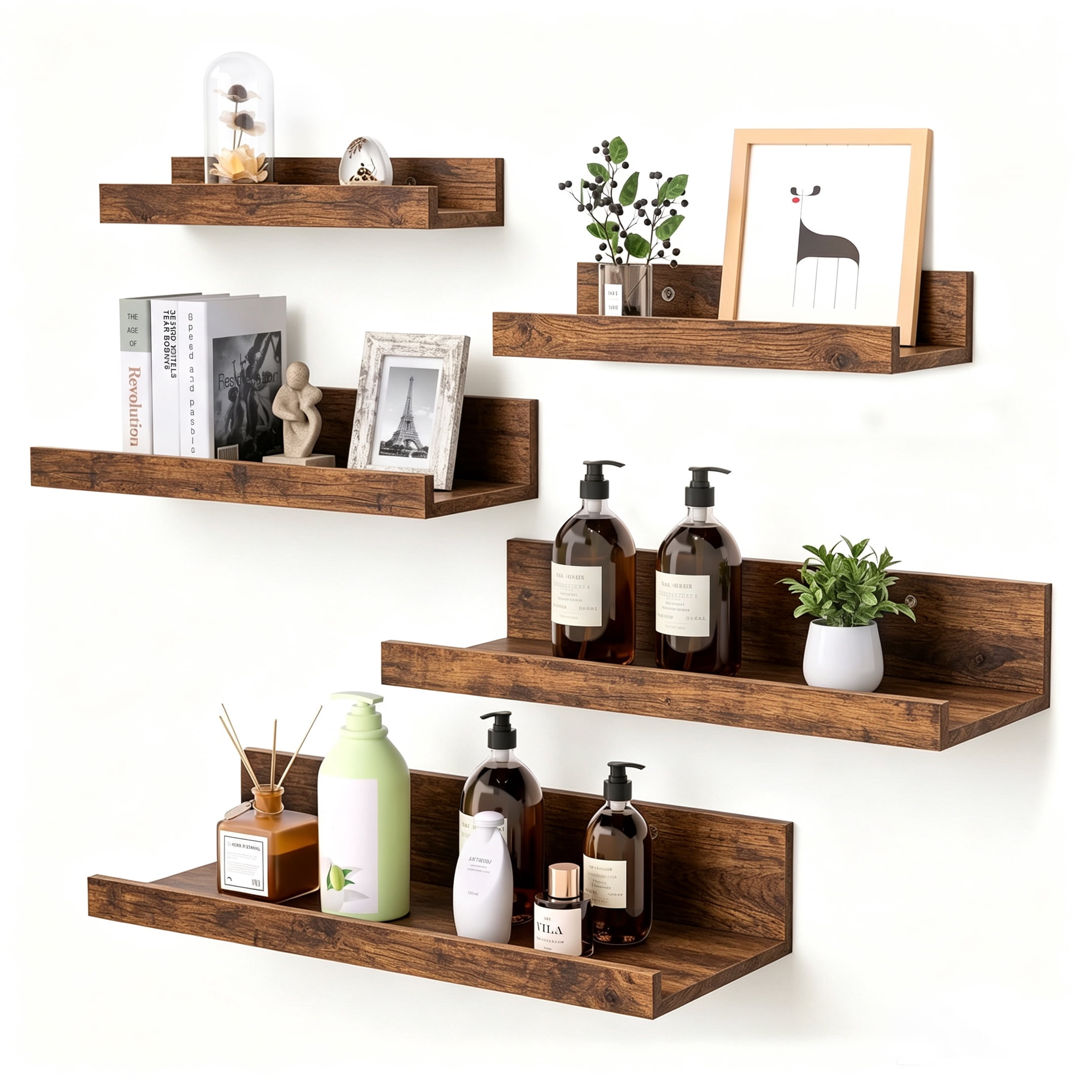 Floating Shelves, Sindcom Home Wood Shelf Wall Mounted, Set of 5, Multiple Sizes, Brown