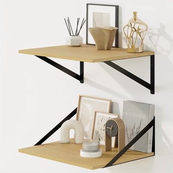 Floating Shelves for Wall, 12 Inch Deep Floating Shelves Set of 2, 16W x 12D Large Wall Shelf with Sturdy Metal Brackets for Living Room, Bathroom, Bedroom and Kitchen, Oak