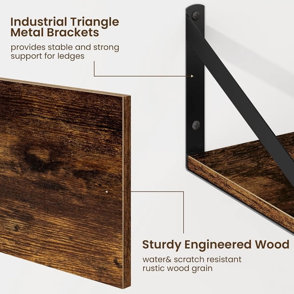 Floating Shelves for Wall, 12 Inch Deep Floating Shelves Set of 2, 24W x 12D Large Wall Shelf with Sturdy Metal Brackets for Living Room, Bathroom, Bedroom and Kitchen, Rustic Brown