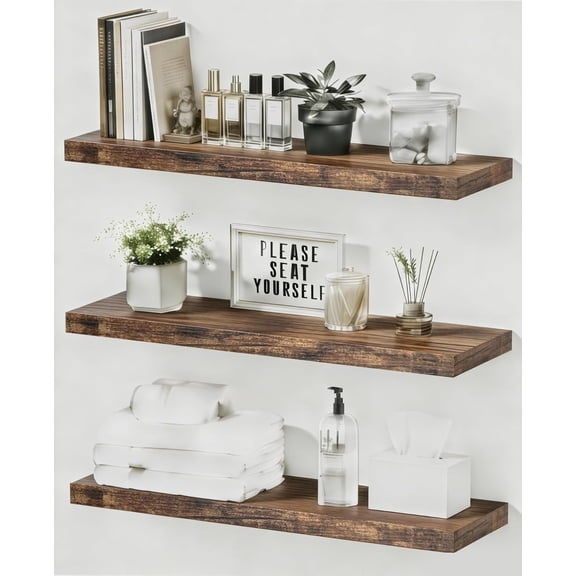 Floating Shelves for Wall,15.7Inch Rustic Wall Mounted Wooden Shelves Set of 3, Picture Ledge Display Shelf for Living Room Bedroom Kitchen, Farmhouse Decor Shelf for Books Plants Frames,Brown