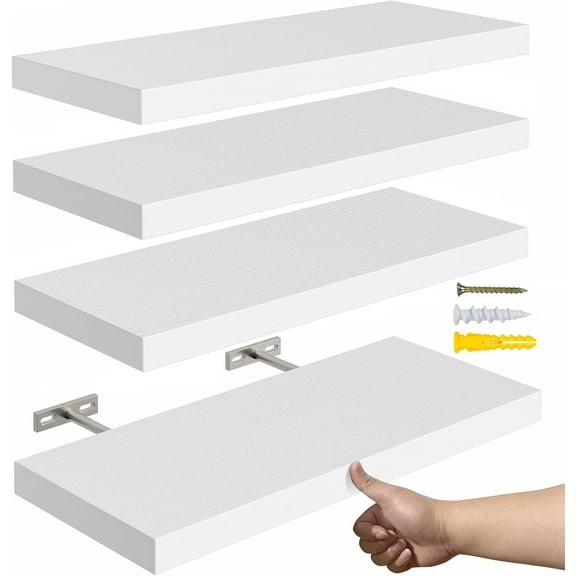 16’’White Floating Shelves for Wall,Rustic Wood Shelf for Room Decor/Storage/Display,Small Bookshelf,Wall Mounted Hanging Shelves for Bedroom, Bathroom, Living Room, Kitchen,Set of 4
