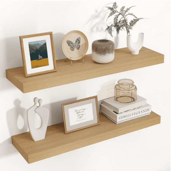 Floating Shelves for Wall, 2 Large Wall Mounted Shelves with Invisible Brackets, Long Wood Floating Wall Shelf Shelve, Bedroom, Kitchen, Bathroom Decor (Oak, 24" W x 6.7" D x 1.4" H)