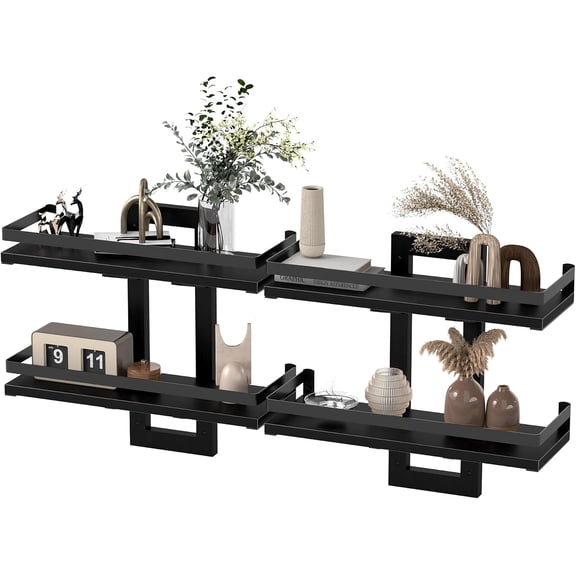Floating Shelves for Wall, 2-Tier Wall Shelves with Guardrail Set of 2 | Wall Mounted Storage Shelves, Decorative Wall Shelves, Wood Floating Shelf for Bedroom, Living Room, Bathroom, Kitchen, Black