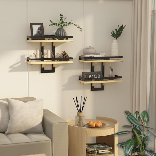 Floating Shelves for Wall, 2-Tier Wood Hanging Decor Storage Shelves, Wall Mounted Floating Shelf for Living Room, Bedroom, Bathroom, Kitchen, Office, Study (2-Pack Wood)
