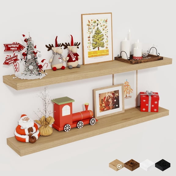 Floating Shelves for Wall, " Rustic Wood Deep Wall Mounted Shelves with Invisible Brackets for Decor & Storage, Floating Shelf for Living Room, Bathroom (Oak, Set of )