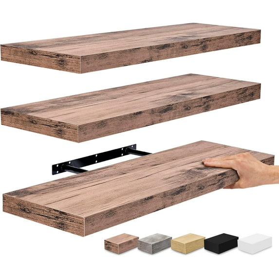 Floating Shelves for Wall - 24 Inch Wall Shelves for Bedroom, Kitchen Decor, Bathroom Shelves - 3 MahoganyFloating Shelves for Wall Decor, Books, Storage - Wall Mounted with Invisible Brackets
