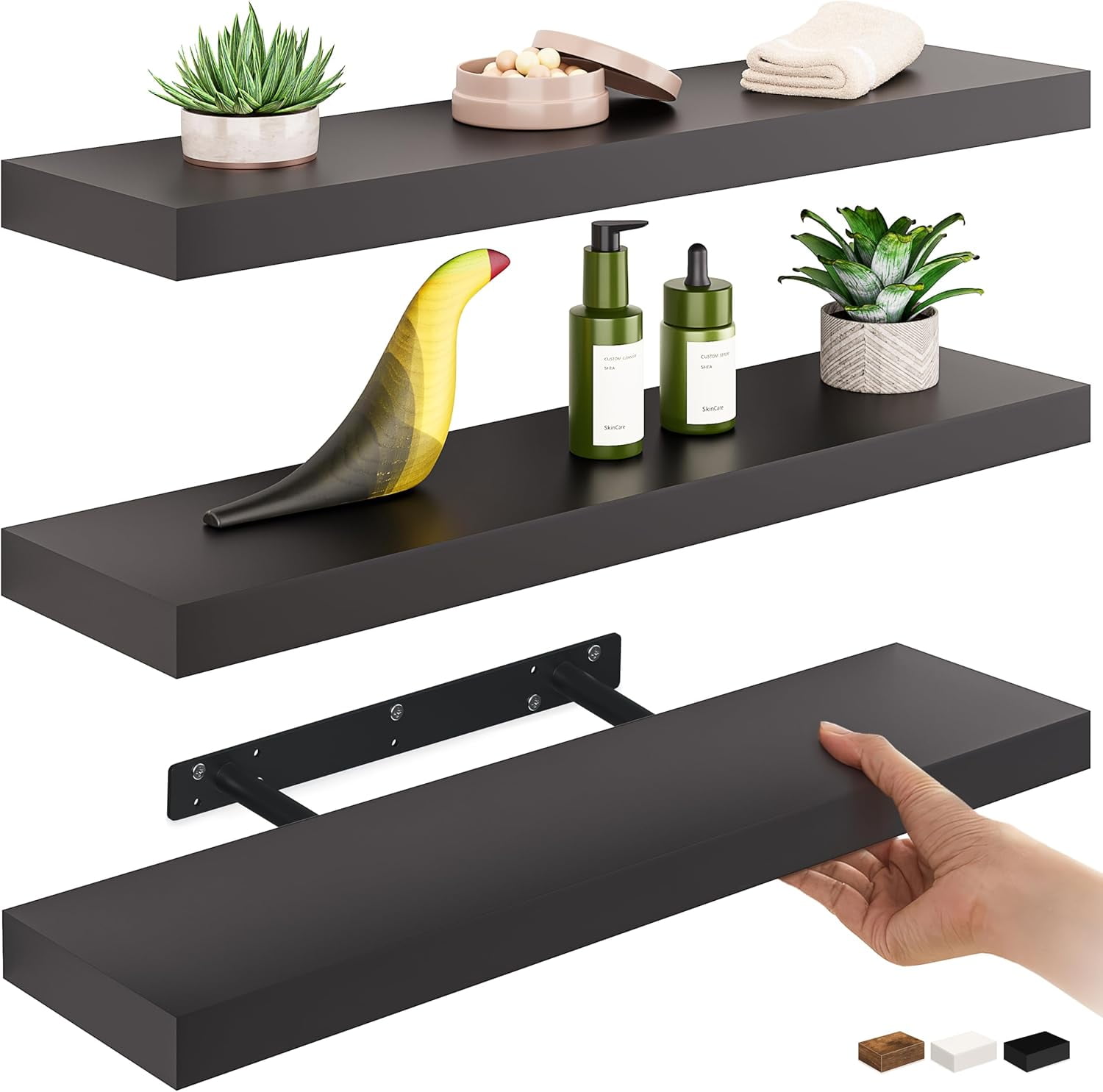 Floating Shelves for Wall, 24" Wood Wall Shelf Set of 3, Invisible ...