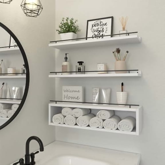 Floating Shelves for Wall 24 inch with Cube Shelf, Wall Shelves with Metal Rail for Bathroom Decor, Bathroom Organizers and Storage, Over Toilet Shelves, Toilet Paper-White