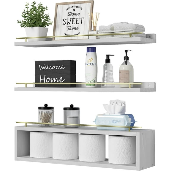 Floating Shelves for Wall 24 inch with Cube Shelf, Wall Shelves with Metal Rail for Bathroom Decor, Bathroom Organizers and Storage, Over Toilet Shelves