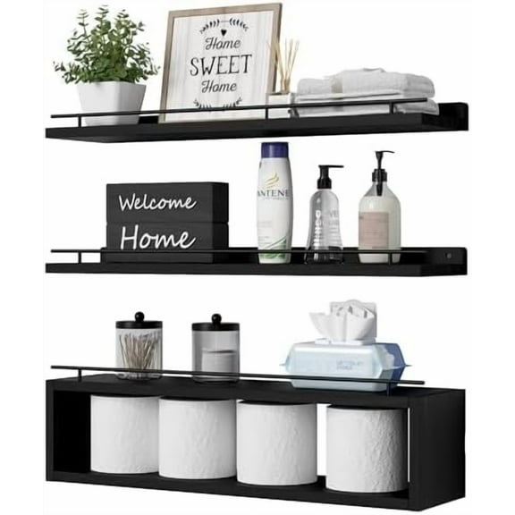 Floating Shelves for Wall 24 inch with Cube Shelf, Wall Shelves with Metal Rail for Decor, Bathroom Organizers and Storage, Over Toilet Shelves for Bathroom, Toilet Paper-Black