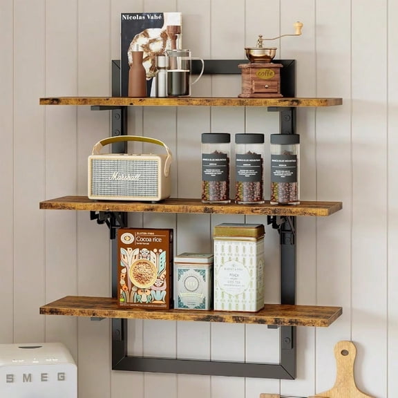 Floating Shees For Wall 24 Inch Kitchen Shees Wall Mounted 3 Tier Coffee Bar Shelf With Foldable Brackets Industrial Display Shelf For Bathroom Living Room Rustic Brown