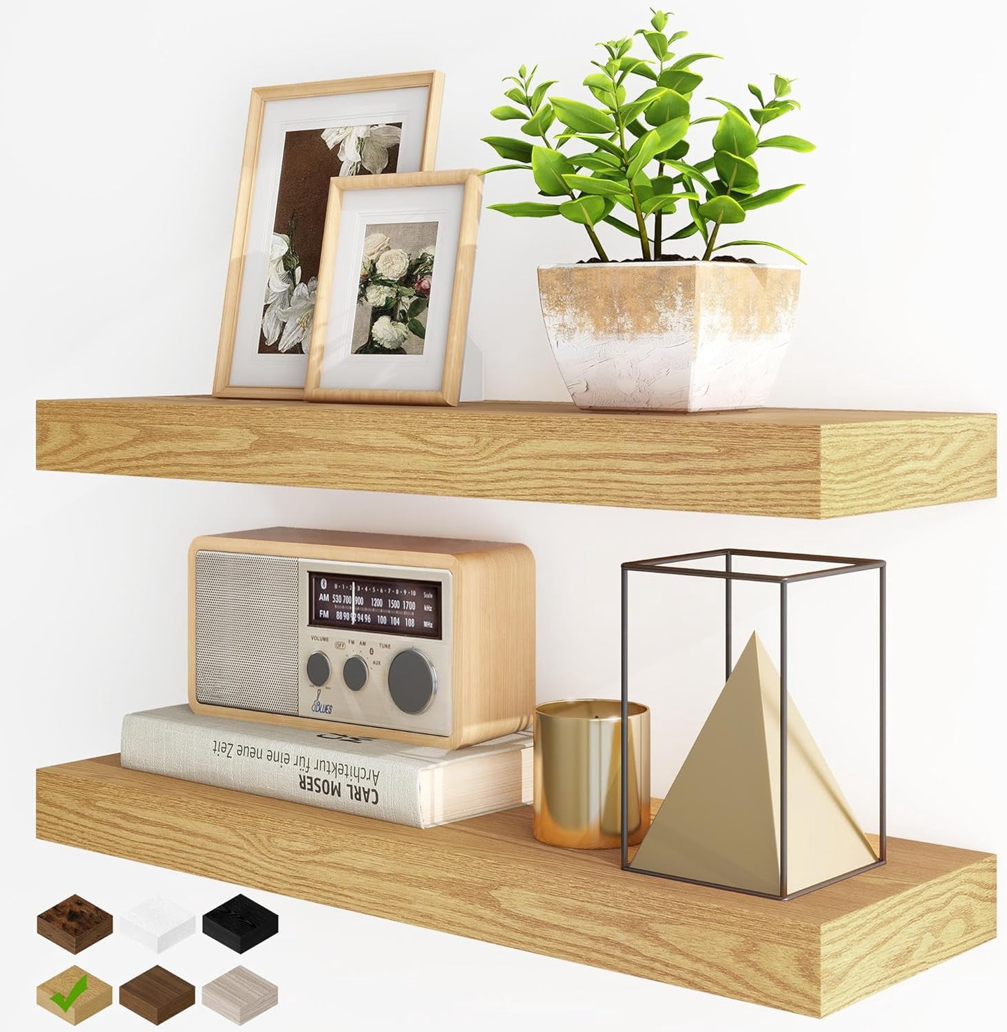 Floating Shelves for Wall, 24Inch Floating Shelves Set of 2, Hanging Shelf with Invisible Brackets, Wood Shelves for Living Room, Bedroom, Kitchen, Oak