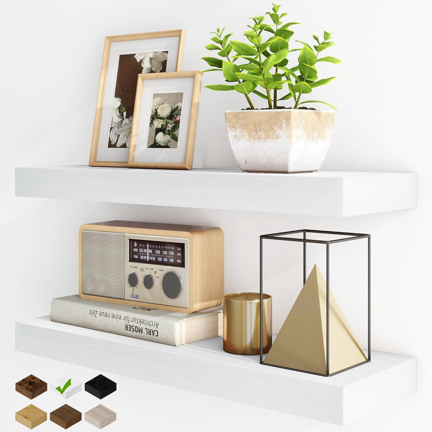 Floating Shelves for Wall, 24Inch Floating Shelves Set of 2, Hanging Shelf with Invisible Brackets, Wood Shelves for Living Room, Bedroom, Kitchen, White