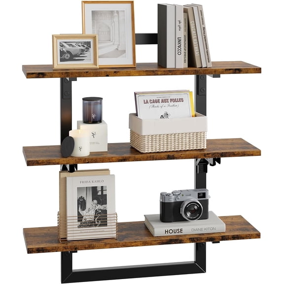 Floating Shelves for Wall, 32 inch Kitchen Shelves Wall Mounted, 3 Tier Coffee Bar Shelf with Foldable Brackets, Industrial Display Shelf for Bathroom, Living Room, Rustic Brown