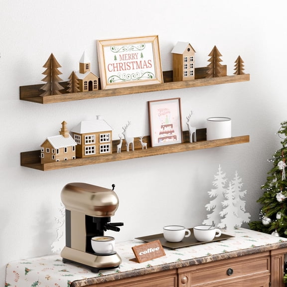 Floating Shelves for Wall, 35.5 Inch Shelves for Decor Storage Set of 6, Wall Mounted Wood Shelf for Bedroom, Living Room, Bathroom, Kitchen, Long Picture Ledge Shelves, Brown