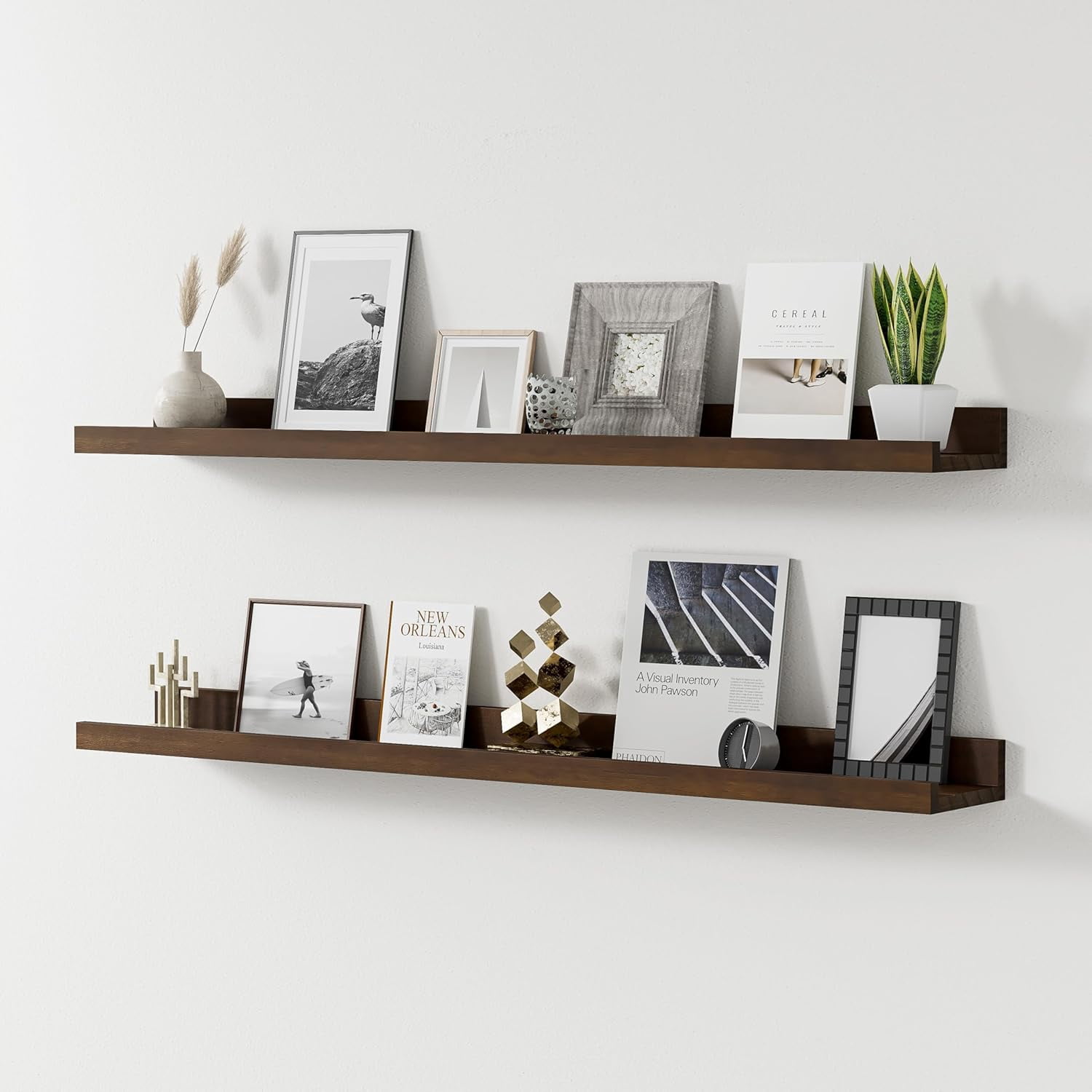 Floating Shelves for Wall, 36 inch Solid Wood Picture Ledge Shelf, Picture Shelf for Wall with Ledge, Floating Book Shelves for Living Room Bedroom Kitchen Nursery Decor, Walnut, Set of 2