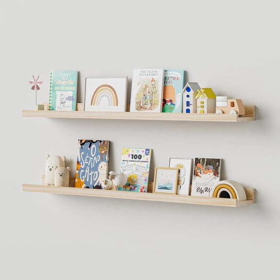 Floating Shelves for Wall, 36 inch Solid Wood Picture Ledge Shelf, Picture Shelf for Wall with Ledge, Floating Book Shelves for living room Bedroom Kitchen Nursery Decor, Natural Unfinished, Set of 2