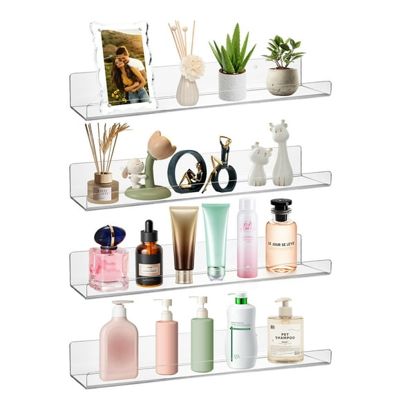 Floating Shelves for Wall, 4 pcs 15" Clear Acrylic Shelf Room Decor for Book/Figures/Photo/Makeup in Bathroom, Book Shelf, Living Room, Bedroom, Kitchen Storage and Organization