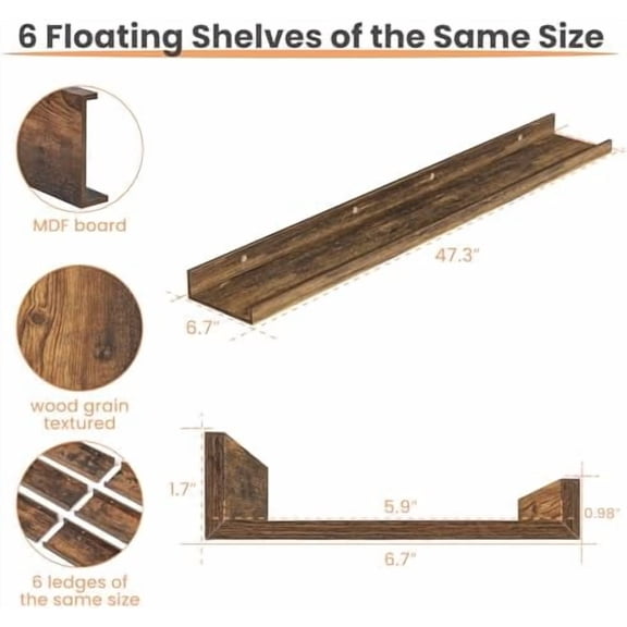 Floating Shelves for Wall, 47.3 Inch Shelves for Decor Storage Set of 6, Wall Mounted Wood Shelf for Bedroom, Living Room, Bathroom, Kitchen, Long Picture Ledge Shelves, Brown