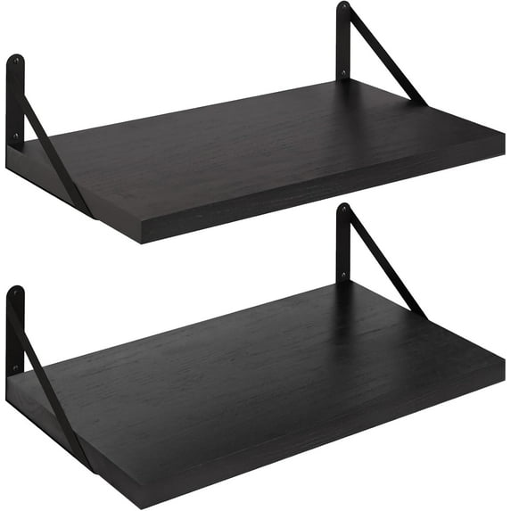 Floating Shelves Wall Bookshelf for Bedroom Bathroom Living Room Wood Wall Mounted Wide Deep Storage, Black Painted 24 Inch Wall Shelves Set of 2