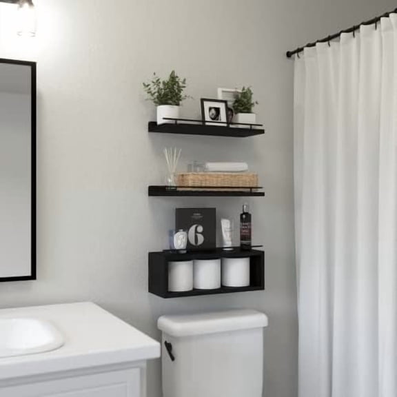 Floating Shelves for Wall with Cube Shelf, Wall Shelves with Metal Rail for Bathroom Decor, Bathroom Organizers and Storage, Over Toilet Shelves for Toilet Paper-Black