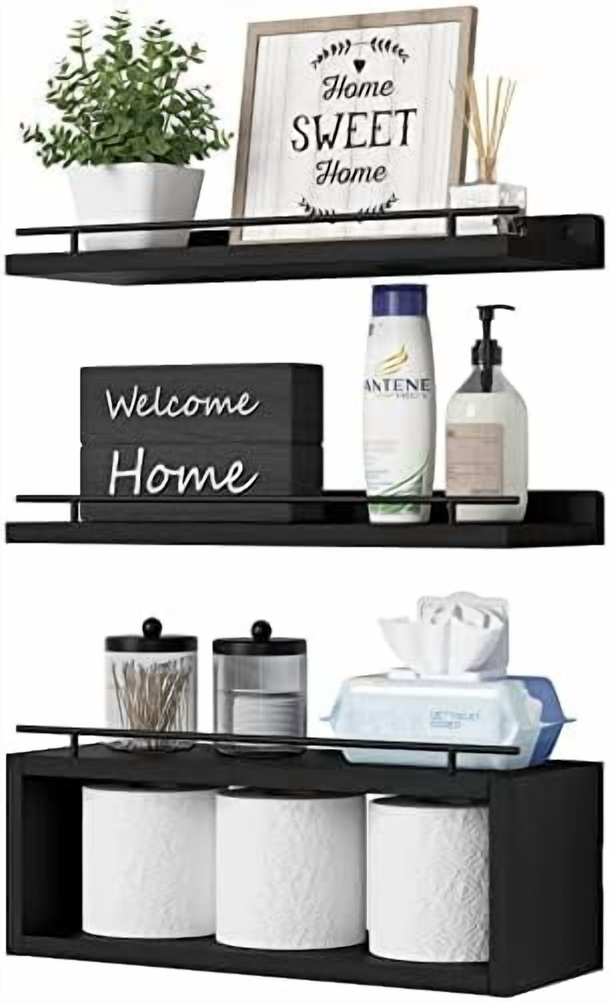Floating Shelves for Wall with Cube Shelf, Wall Shelves with Metal Rail for Bathroom Decor, Bathroom Organizers and Storage, Over Toilet Shelves for Toilet Paper-Black