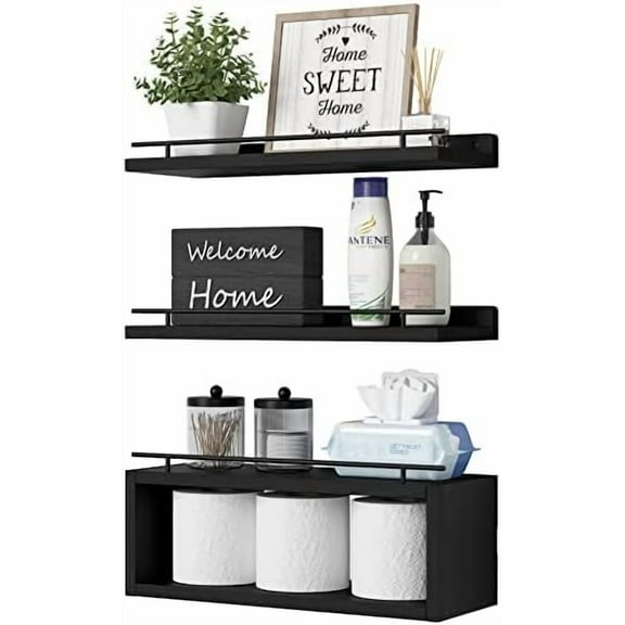 Floating Shelves for Wall with Cube Shelf, Wall Shelves with Metal Rail for Bathroom Decor, Bathroom Organizers and Storage, Over Toilet Shelves for Toilet Paper-Black