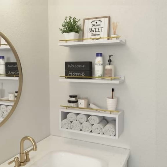 Floating Shelves for Wall with Cube Shelf, Wall Shelves with Metal Rail for Decor, Bathroom Organizers and Storage, Over Toilet Shelves for Bathroom, Toilet Paper-White&Gold
