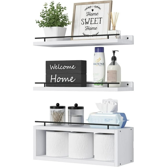 Floating Shelves for Wall with Cube Shelf, Wall Shelves with Metal Rail for Decor, Bathroom Organizers and Storage, Over Toilet Shelves for Bathroom, Toilet Paper-White