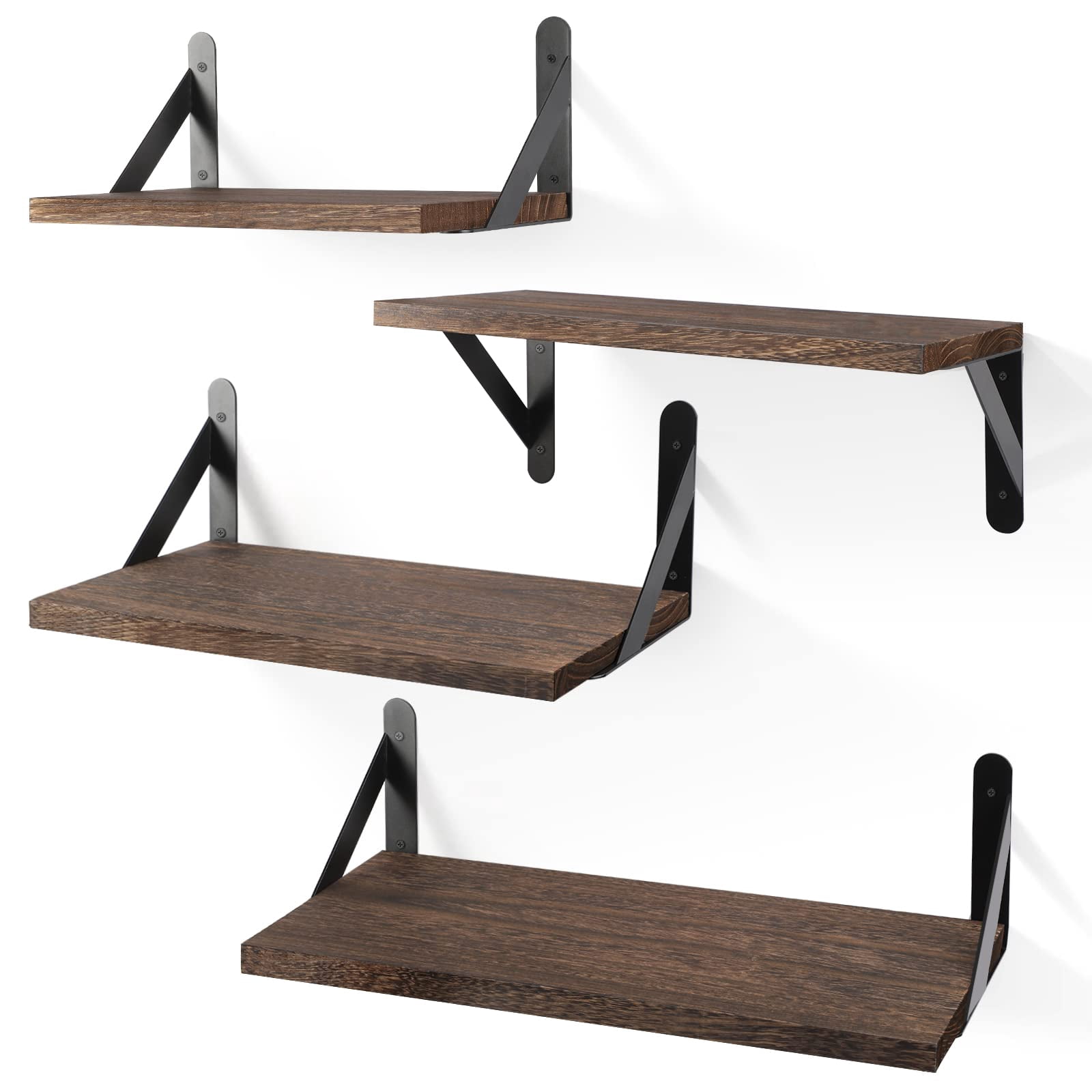 Floating Shelves for Wall, Dark Carbonized Brown Wall Shelves Different Sizes, Wall Mounted Wood Shelf for Living Room, Bathroom, Bedroom, Kitchen, Home Decor (Set of 4)