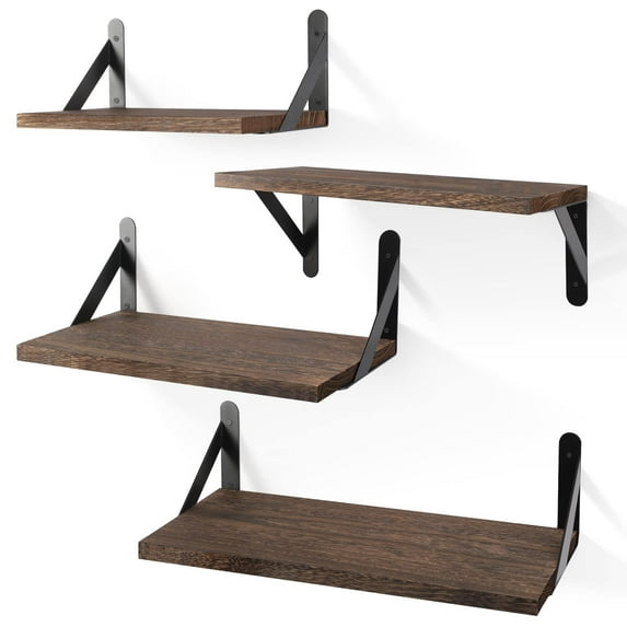 Floating Shelves for Wall, Dark Carbonized Brown Wall Shelves Different Sizes, Wall Mounted Wood Shelf for Living Room, Bathroom, Bedroom, Kitchen, Home Decor (Set of 4)