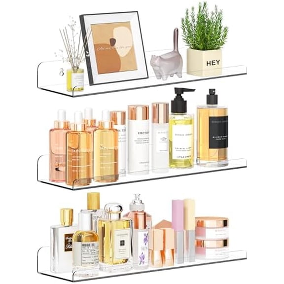 Floating Shelves for Wall Decor, 15" Extra Clear Wall Shelves for Bedroom, Living Room, Kitchen, Bathroom Decor, Nail Polish/Book/Decoration/Makeup/Perfume Organizer Floating Shelf-3Pack