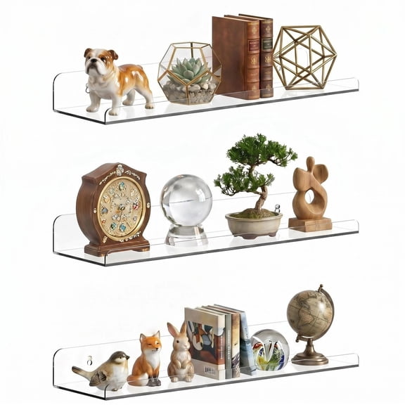 Floating Shelves for Wall Decor, 15" Extra Clear Acrylic Shelves Set of 3, Invisible Wall Mounted Display Shelving for Bedroom, Living Room, Kitchen, Bathroom