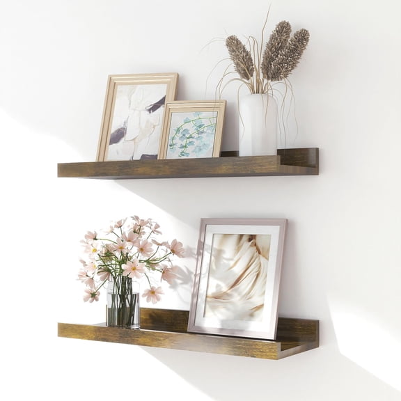 Floating Shelves For Wall Decor  Mounted Wood Storage Shelf Bedroom Living Room Bathroom Kitchen Rustic Display Picture Ledge With Lip Set Of 2-14 Inches Brown
