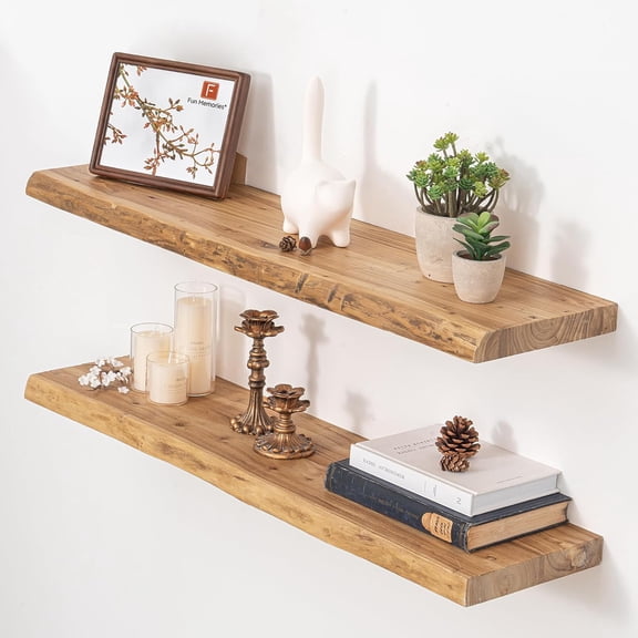 Floating Shelves for Wall Decor, Rustic Solid Elm Live Edge Floating Shelves Wall Mounted, Heavy-Duty Shelf with Invisible Bracket for Living Room Kitchen, 36 Inch Set of 2, Natural