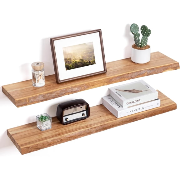 Floating Shelves for Wall Decor, Rustic Solid Elm Wood Live Edge Floating Shelves Wall Mounted, Wall Shelves with Invisible Bracket for Living Room Bathroom Bedroom Kitchen, 36 Inch Set of 2, Natural