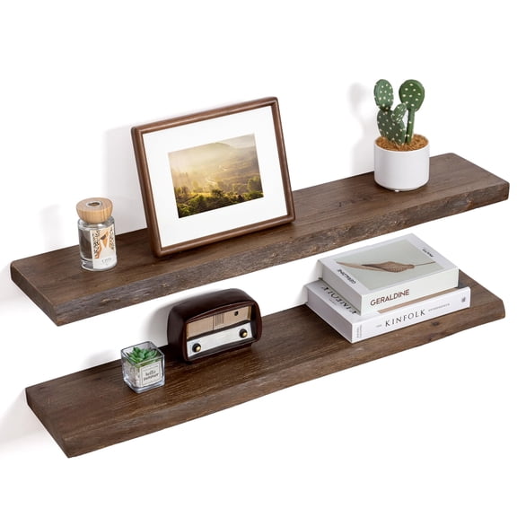 Floating Shelves For Wall Decor  Rustic Solid Elm Wood Live Edge Mounted With Invisible Bracket Living Room Bathroom Bedroom Kitchen 36 Inch Set Of 2 Walnut