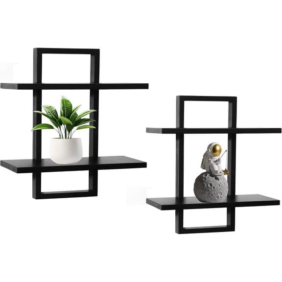 Floating Shelves for Wall,Display Hanging Shelf Set of 2,Modern Decorative Plants Shelves,Wood Home Decor Storage Chic for Living Room Bedroom Bathroom Office,Oak Frame,2-Tier Black