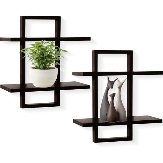 Floating Shelves for Wall,Display Hanging Shelf Set of 2,Modern Decorative Plants Shelves,Wood Home Decor Storage Chic for Living Room Bedroom Bathroom Office,Oak Frame,2-Tier (Walnut