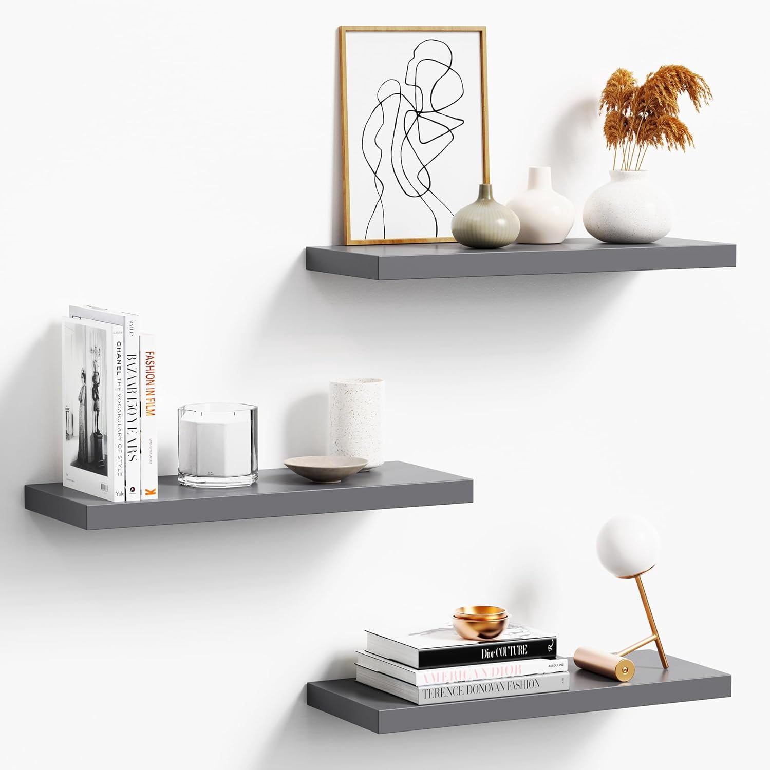 Floating Shelves for Wall, Gray Wood Wall Shelf Set of 3, 16" Walls ...