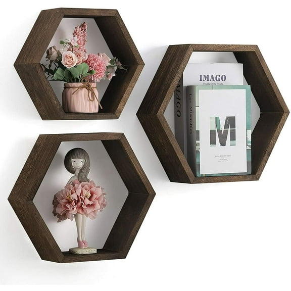 Floating Shelves Wall Mounted Hexagon Shelves Set of 3 for Books Flowers Photos