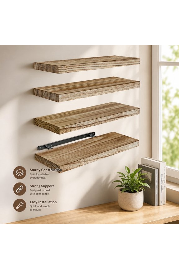 Floating Shelves Wall Mounted, Paulownia Wood Floating Shelf Set of 4 for Living Room Bedroom Kitchen Home Office, 15.75"L x 5.91"W x 0.98"H