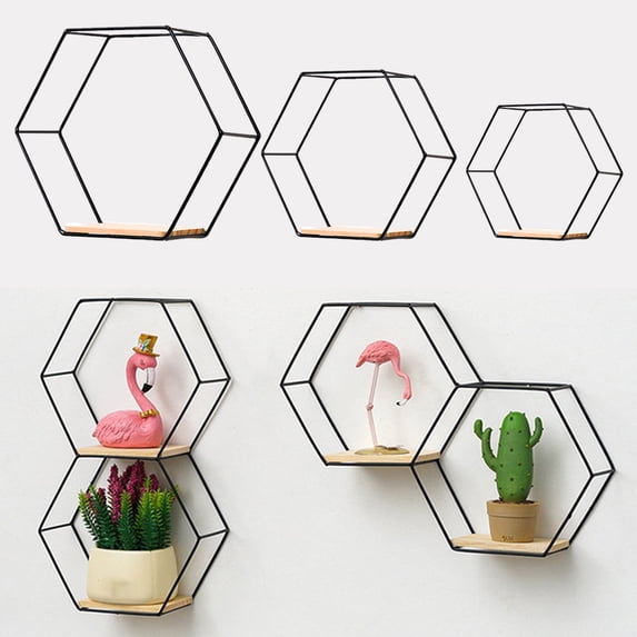 Floating Shelves, Wall Mounted Rustic Hexagonal Shelves, Iron Farmhouse Storage Honeycomb Wall Shelf, Hexagon Wall Shelves for Living Room, Office