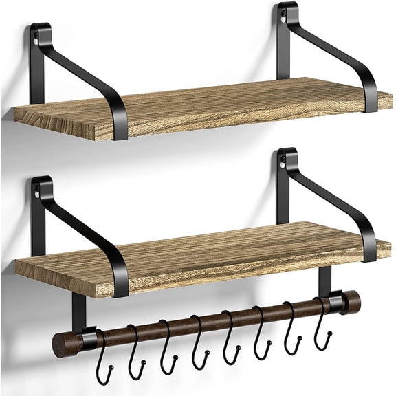 Floating Shelves Wall Mounted Set of 2, L17.3 x W7.3 Inch Storage Shelves with Wood Bar and 8 Removable Hooks for Kitchen, Coffee Bar,Bathroom, Bedroom, Living Room Carbonized Black