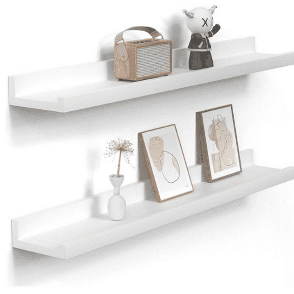 Floating Shelves Wall Mounted Set of 2, 47 Inch White Photo Ledge Shelf Wood Picture Shelf for Bedroom, Living Room, Bathroom, Kitchen