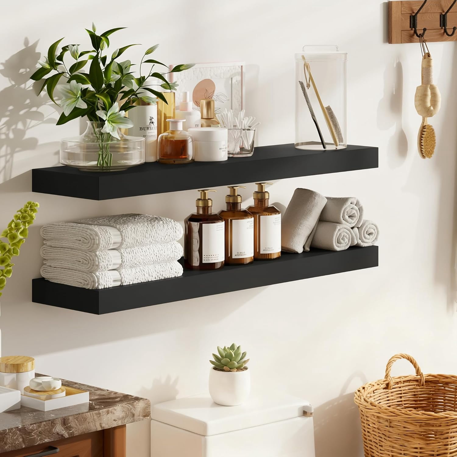 Floating Shelves Wall Mounted Wooden Shelves with Invisible  Set of 2, Hanging Wall Decor for Bedroom, Bathroom, Living Room and Kitchen