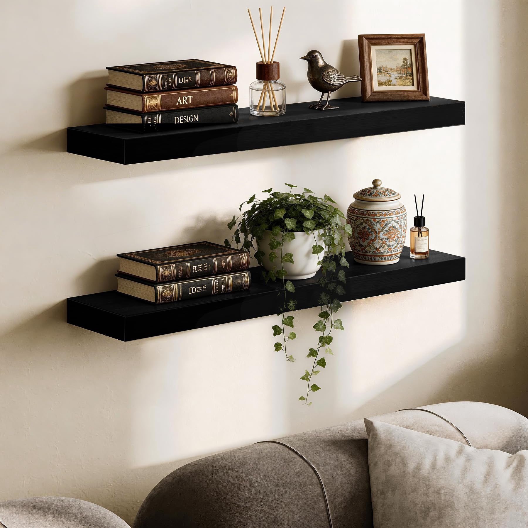 Floating Shelves Wall Mounted Wooden With Invisible Brackets Set Of 2  Hanging Decor For Bedroom Bathroom Living Room And Kitchen