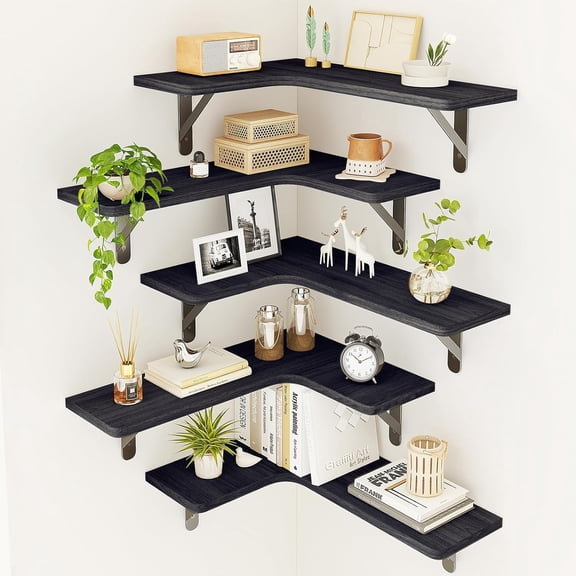 Floating Shelves for Wall, Rustic Wood Wall Mounted Corner Shelf for Bathroom, Kitchen, Bedroom, Home Decor, Laundry Room, Living Room, Set of 5 (Black)
