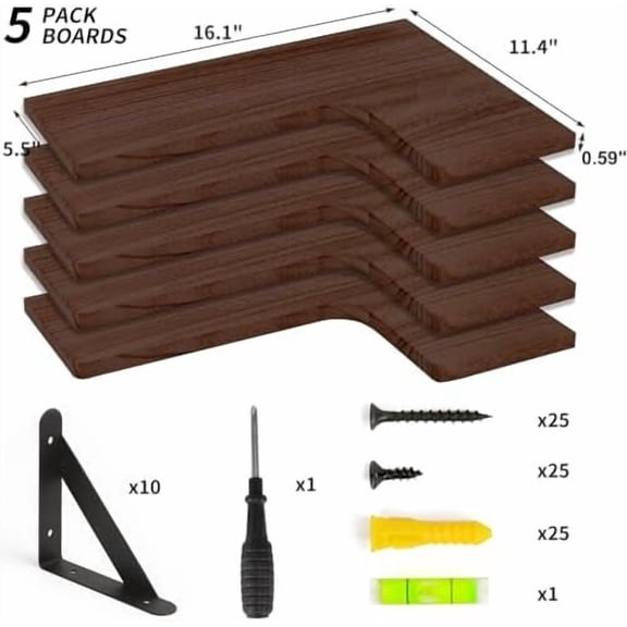Floating Shelves for Wall, Rustic Wood Wall Mounted Corner Shelf for Bathroom, Kitchen, Bedroom, Home Decor, Laundry Room, Living Room, Set of 5 (Walnut Brown)