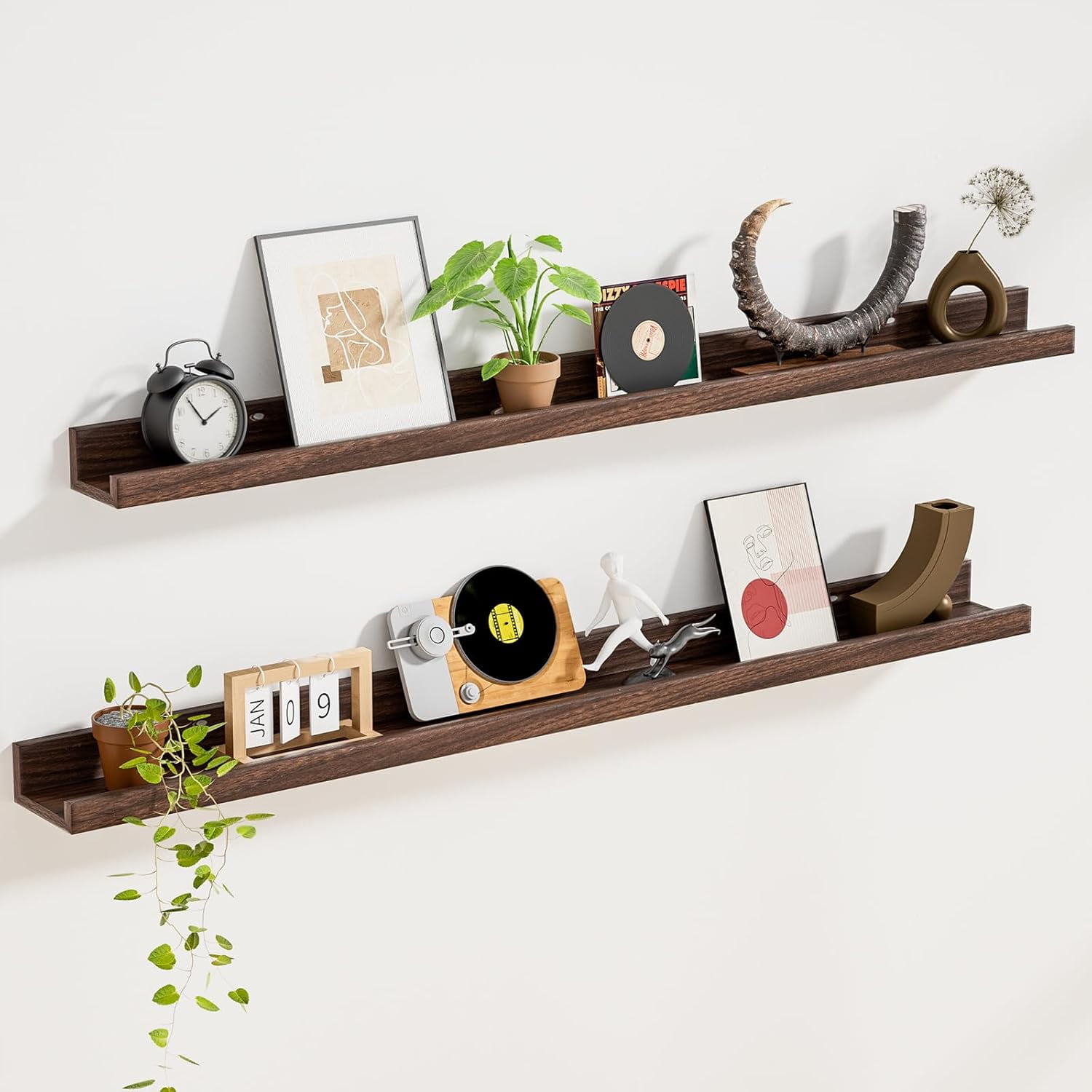 Floating Shelves for Wall Set 2 of 48 inches Picture Ledge Shelf 96 inches Totally,Solid Wood Walnut Shelves for Room Wall to Display and Storage Photo Picture,Vinyl,Toy,Spice,Perfume,Book etc.